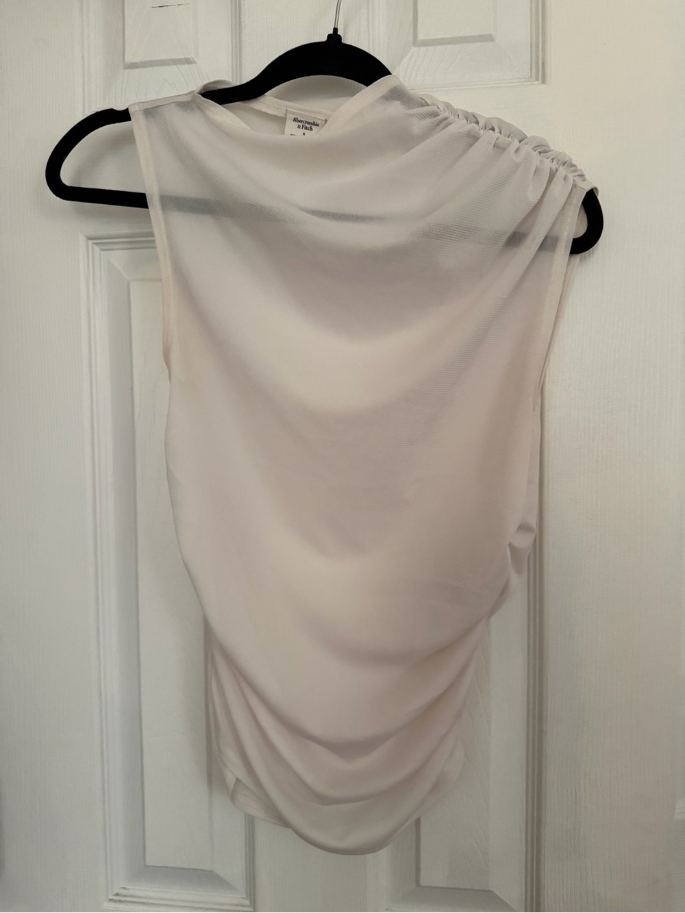 Sleeveless Draped Mesh Top in Light Cream Abercomie